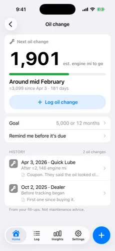 EngineMiles Oil change page showing an estimated engine-mile countdown, elapsed days, a user-set goal, and a history of oil changes.