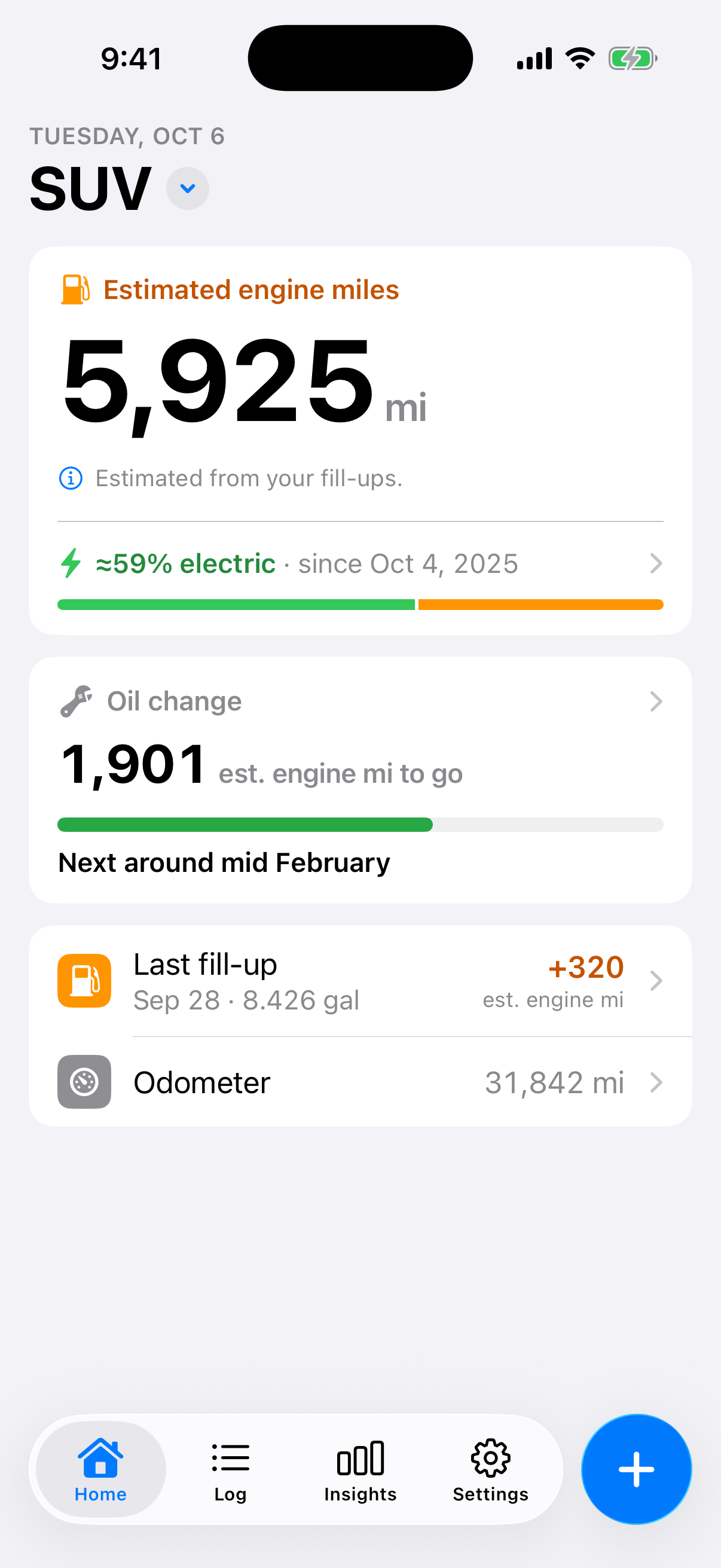 EngineMiles SUV dashboard showing 5,925 estimated engine miles, a 59% estimated electric share, and an oil-change countdown.
